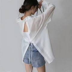 Long-Sleeve Collared Plain Backless Button Up Shirt