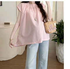 Maternity Short-Sleeve Crew Neck Plaid Blouse