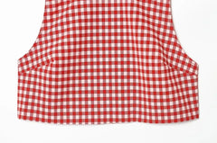 Mock Neck Gingham Slit Crop Tank Top / Mid Rise Ruched  Straight Leg Capri Pants