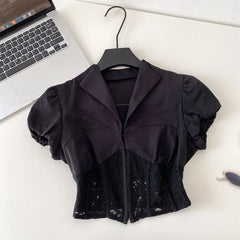 Short-Sleeve Lace Corset Crop Shirt