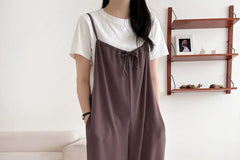 Plain Drawstring Suspender Wide-Leg Jumpsuit