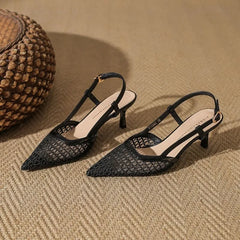 Kitten Heel Pointed Toe Mesh Slingback Sandals