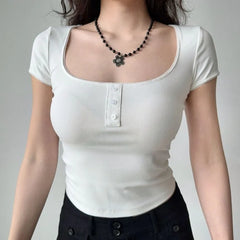 Short-Sleeve Scoop Neck Plain Slim Fit Crop T-Shirt