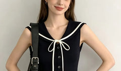 Sleeveless Sailor Collar Tie Neck Button-Up Slim-Fit Knit Top
