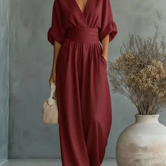 3/4 Sleeve V-Neck Plain Wide Leg Jumpsuit