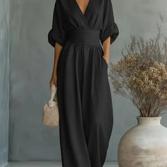 3/4 Sleeve V-Neck Plain Wide Leg Jumpsuit