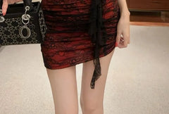 Spaghetti Strap V-Neck Lace Panel Ruched Mini Bodycon Dress