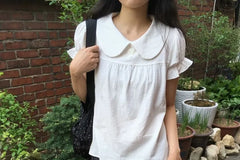 Short Sleeve Collared Ruffle Blouse