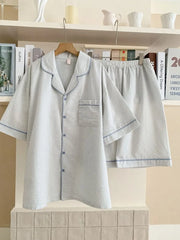 Couple Matching Striped Ruffle Pajama Camisole Top / Straight Leg Pants / Short Sleeve Collared Shirt / Shorts / Set