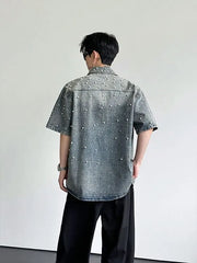 Short Sleeve Collared Washed Faux Pearl Beaded Denim Shirt