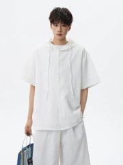 Set: Short Sleeve Plain Hooded Button Top + Mid Rise Shorts