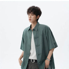 Short Sleeve Collared Plain Frog Closure Shirt