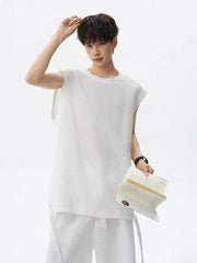 Set: Crew Neck Plain Textured Tank Top + Mid Rise Shorts