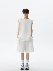 Set: Crew Neck Plain Textured Tank Top + Mid Rise Shorts