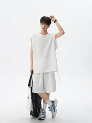 Set: Crew Neck Plain Textured Tank Top + Mid Rise Shorts