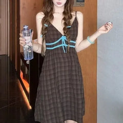 Spaghetti Strap V-Neck Plaid Padded Nightdress / Tie Shoulder Camisole Top / Straight Leg Pants / Set