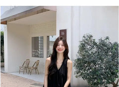 Maternity Sleeveless V-Neck Plain Top / High Waist Wide Leg Pants / Set