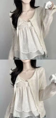 Cap-Sleeve V-Neck Perforated Flowy Crop Top