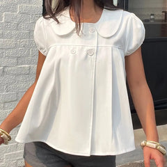 Short-Sleeve Peter Pan Collar Double Breasted Plain Crop Blouse