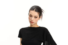 Set: Crew Neck Plain Ruched Slim Fit Tank Top + Asymmetrical Shawl