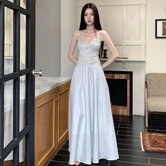 Spaghetti Strap V-Neck Lace Maxi A-Line Dress