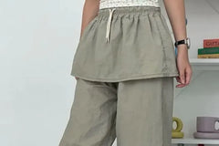 Elastic-Waist Drawstring Plain Skirt Overlay Pants