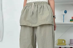 Elastic-Waist Drawstring Plain Skirt Overlay Pants