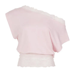 Short Sleeve Cold Shoulder Lace-Trim Plain Slim-Fit Crop Top