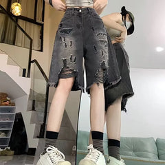 High Waist Washed Distressed Knee-Length Denim Shorts