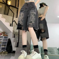 High Waist Washed Distressed Knee-Length Denim Shorts