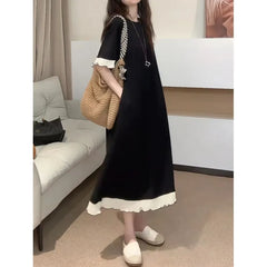 Short Sleeve Round Neck Two Tone Ruffle Midi A-Line Dress