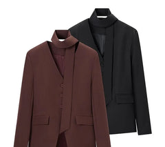 Long Sleeve V Neck Plain Blazer With Scarf