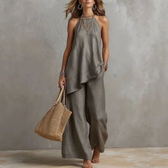 Set: Plain Asymmetrical Camisole Top + High Waist Wide Leg Pants