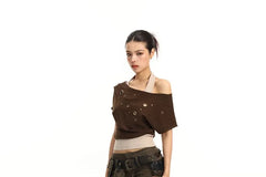 Mock Two-Piece Short-Sleeve Halter Neck Off-Shoulder Two Tone Grommet Crop T-Shirt