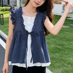 Sleeveless Ruffle Mock Two-Piece Blouse