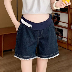 Maternity Low Rise Lace Trim Denim Wide Leg Shorts