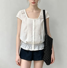 Cap Sleeve Square-Neck Lace-Trim Plain Pleated Slim-Fit Blouse