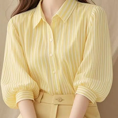 3/4-Sleeve Collared Striped Button-Up Blouse