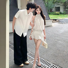 Couple Matching Short-Sleeve Dotted Button-Up Shirt / Halter-Neck Ruffled Mini A-Line Dress