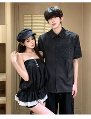 Couple Matching Short-Sleeve Pinstriped Button-Up Shirt / Gathered-Waist Tube Top / Mid Rise Shorts