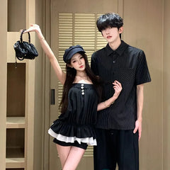 Couple Matching Short-Sleeve Pinstriped Button-Up Shirt / Gathered-Waist Tube Top / Mid Rise Shorts