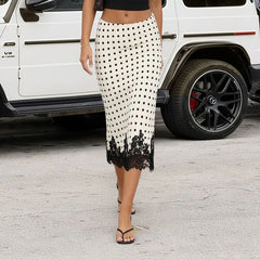 Low Waist Polka Dot Lace Panel Midi Pencil Skirt