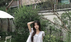 Mock Two-Piece Short-Sleeve V-Neck Frill Trim Striped Blouse