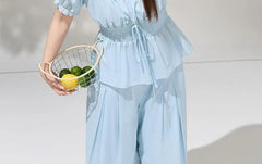 Set: Short-Sleeve V-Neck Lace Panel Smocked Blouse + High Waist Plain Wide Leg Pants
