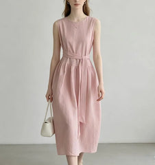 Sleeveless Round Neck Plain Tie-Waist Midi Dress