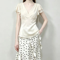 Short Sleeve V-Neck Plain Chiffon Slim-Fit Blouse
