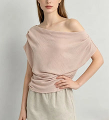 Short Sleeve Cold Shoulder Plain Ruched Slim-Fit Top