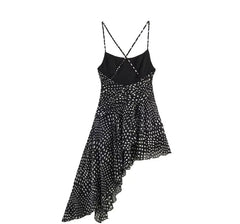 Spaghetti Strap Polka Dot Ruched Slip Asymmetrical  Dress