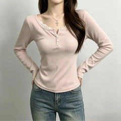 Long-Sleeve Henley Plain Lace Trim Tee