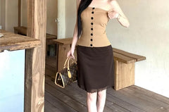 Plain Button Ribbed Knit Tube Top / High Waist Plain Mesh Mini Pencil Skirt